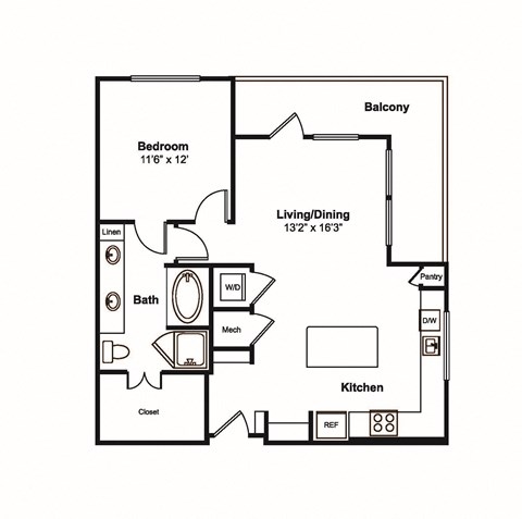 Floor plan for 1 bed, 1 bath, 833 sqft